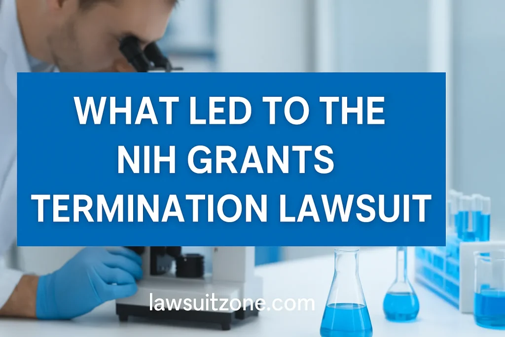 scientist using a microscope in a lab with financial data overlays, symbolizing the NIH grants termination issue, featuring the website watermark “lawsuitzone.com”.