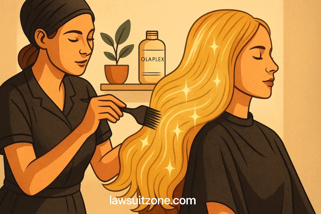 Illustration of a salon scene where a stylist applies Olaplex treatment to a client’s hair, with glowing strands symbolizing strength and protection, branded lawsuitzone.com.