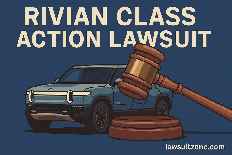 Digital graphic showing Rivian electric truck with a judge’s gavel overlay and bold headline “Rivian Class Action Lawsuit,” branded lawsuitzone.com.