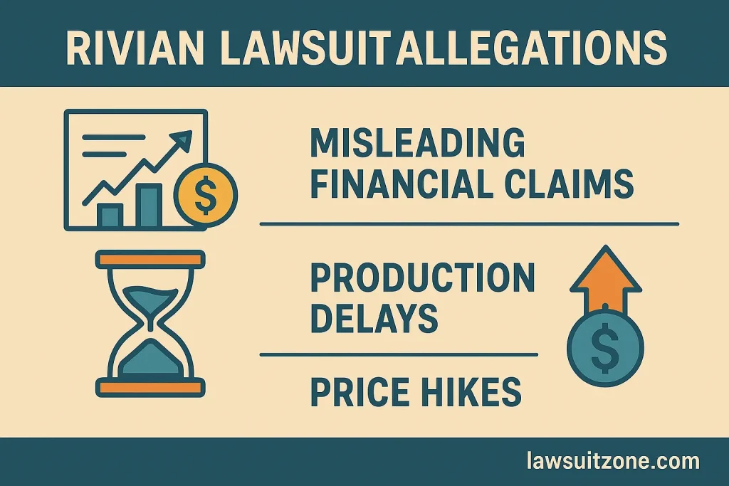 Infographic highlighting Rivian class action lawsuit allegations with icons for misleading financial claims, production delays, and price hikes, branded lawsuitzone.com.