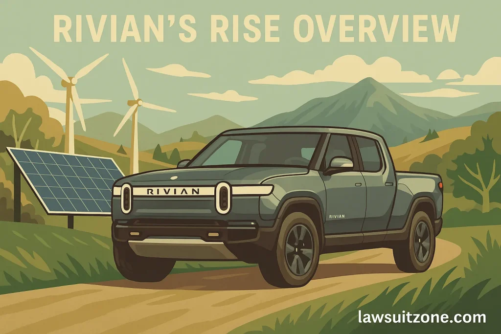 Illustration of Rivian’s growth showing Rivian electric truck in a scenic eco-friendly background with solar panels and wind turbines, branded lawsuitzone.com.