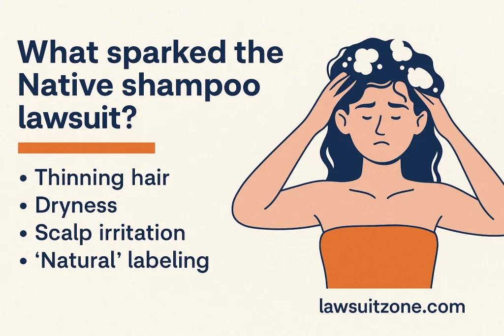 A scientist analyzing shampoo ingredients in a laboratory, symbolizing chemical testing and safety checks related to the Native shampoo lawsuit, with “lawsuitzone.com” watermark.
