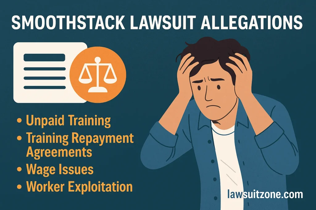 Infographic illustrating Smoothstack lawsuit allegations — unpaid training, training repayment agreements, wage issues, and worker exploitation, branded lawsuitzone.com.