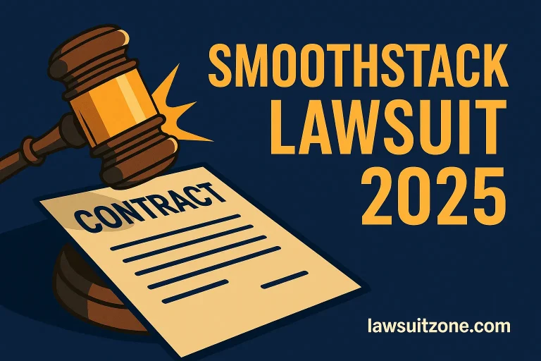 Digital illustration showing a gavel striking a contract with bold text “Smoothstack Lawsuit 2025” and branding lawsuitzone.com.