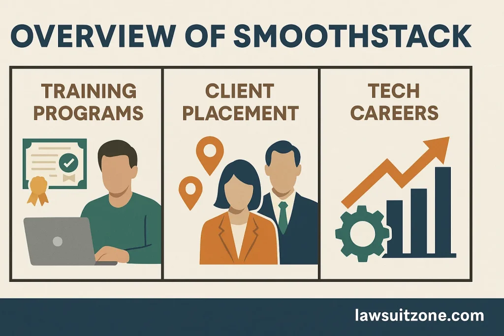 Flat-style illustration showing IT trainees working on computers in a training room with Smoothstack branding, symbolizing tech career pathways, branded lawsuitzone.com.