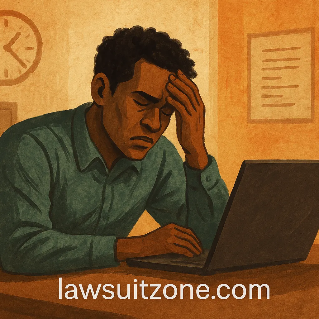 Illustration showing a stressed tech worker at a laptop, exhausted and worried, symbolizing the struggles faced by Smoothstack employees, branded lawsuitzone.com.