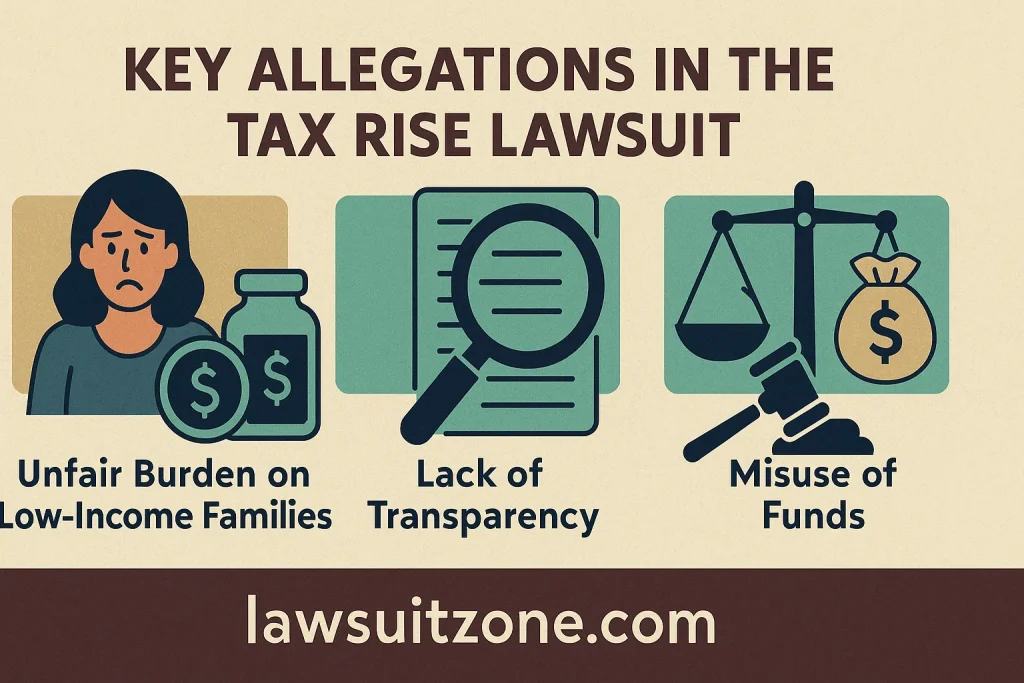 Infographic illustrating allegations in the tax rise lawsuit — unfair burden on low-income families, lack of transparency, and misuse of funds, with legal and finance icons, branded lawsuitzone.com.