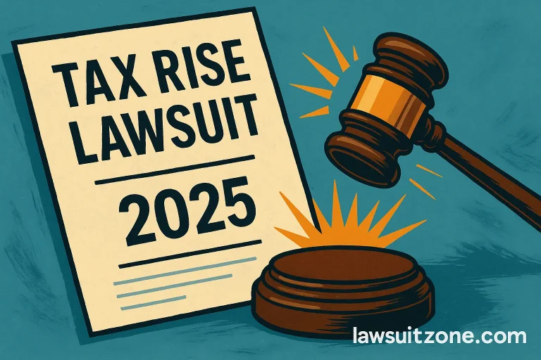 Bold graphic of a courtroom gavel striking over a tax document with the headline “Tax Rise Lawsuit 2025” and branding lawsuitzone.com.