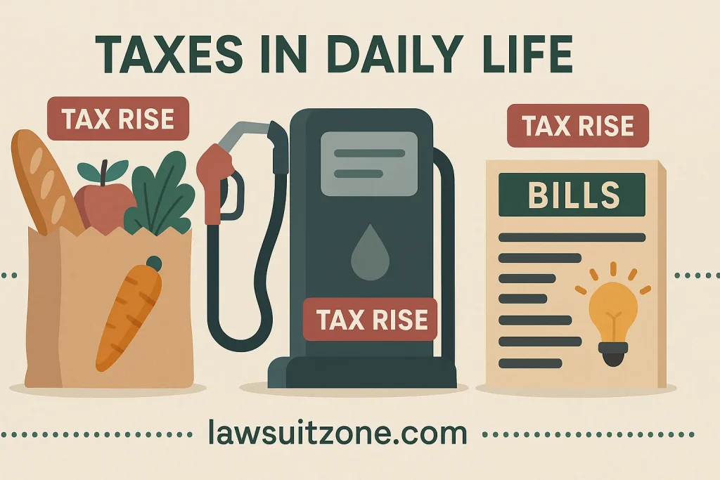 Flat-style infographic showing groceries, fuel pump, and utility bills with “Tax Rise” labels, illustrating how tax increases affect everyday life, branded lawsuitzone.com.