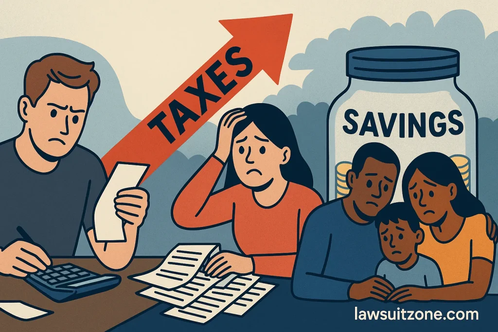 Illustration showing stressed taxpayers — a man calculating bills, a worried woman under “TAXES” arrow, and a family concerned about shrinking savings, branded lawsuitzone.com.