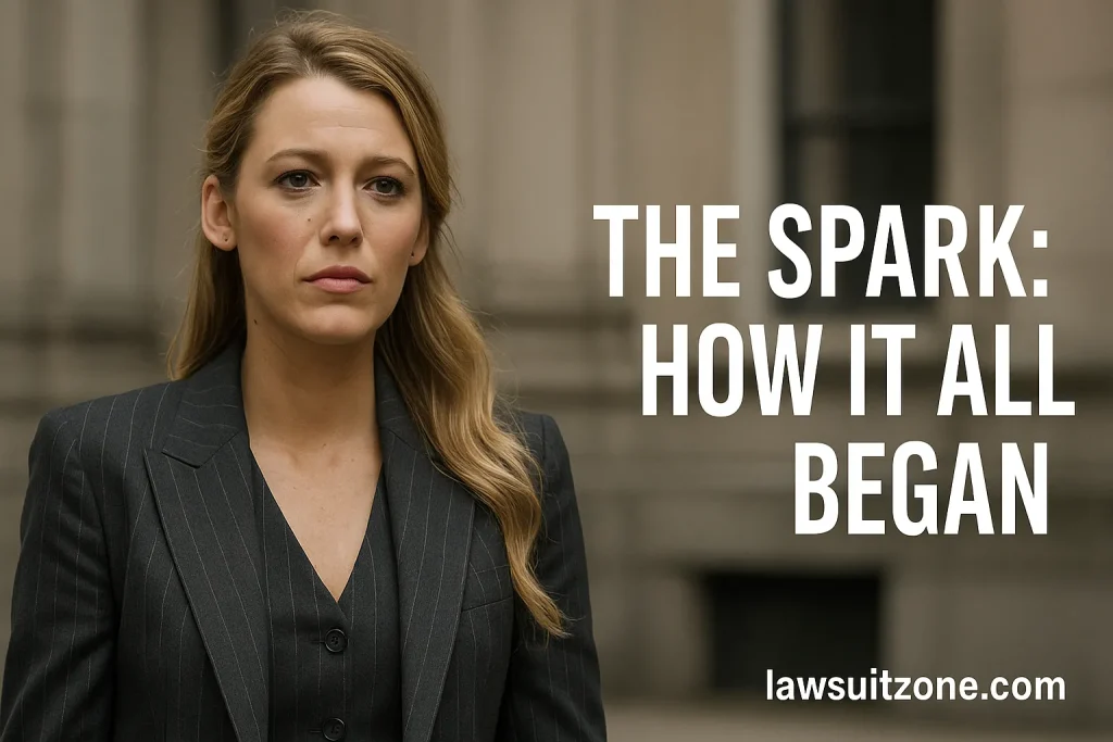 Blake Lively standing outside a courthouse, symbolizing the beginning of the lawsuit controversy.