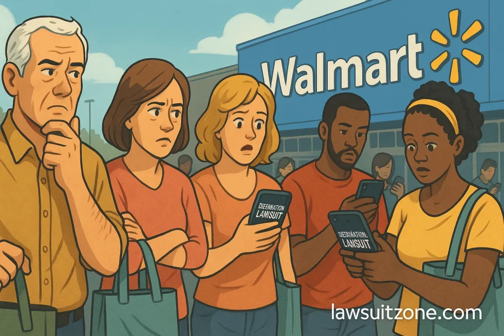 Illustration of Walmart shoppers reacting to defamation news — some shocked, some confused, holding shopping bags and phones with lawsuit headlines, branded lawsuitzone.com.