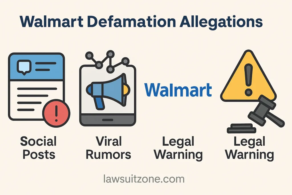 Infographic showing Walmart defamation allegations with icons of social posts, viral rumors, Walmart logo, and legal warning signs, branded lawsuitzone.com.