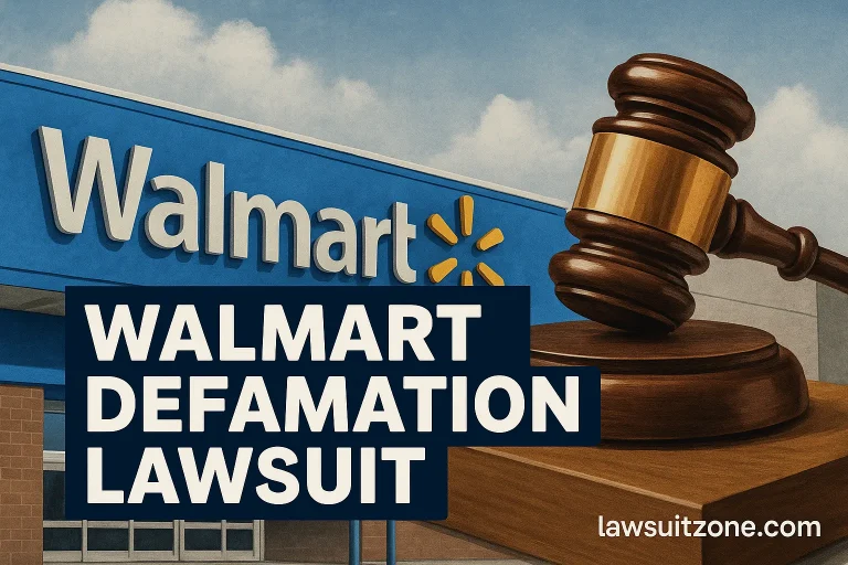 Digital graphic showing Walmart storefront with judge’s gavel and bold text “Walmart Defamation Lawsuit,” branded lawsuitzone.com.