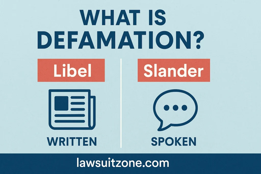 Infographic explaining the concept of defamation with two sections: “Libel” (written, newspaper icon) and “Slander” (spoken, speech bubble icon), branded lawsuitzone.com.