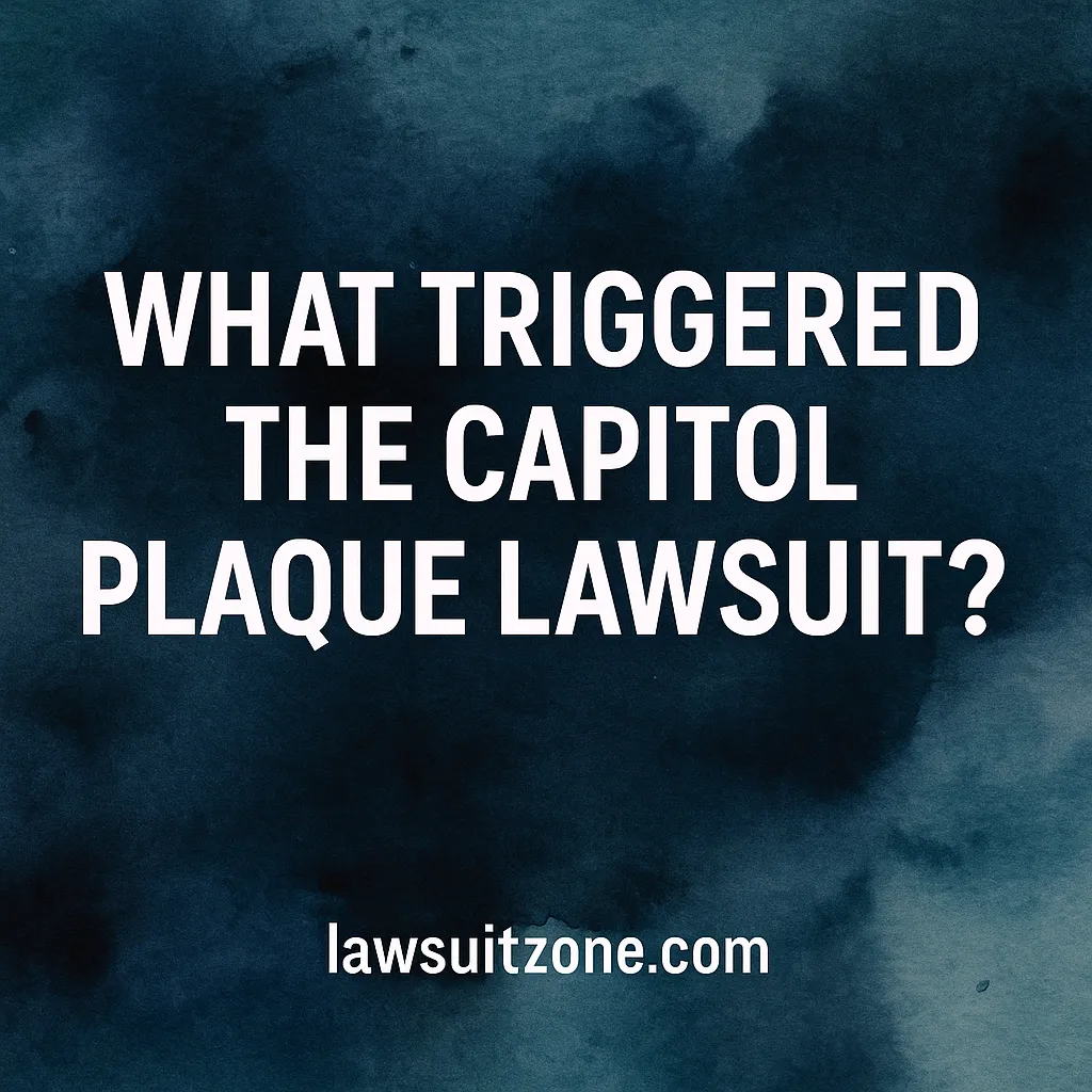 Abstract textured background with bold white text reading 'What Triggered the Capitol Plaque Lawsuit?' symbolizing inquiry and justice.