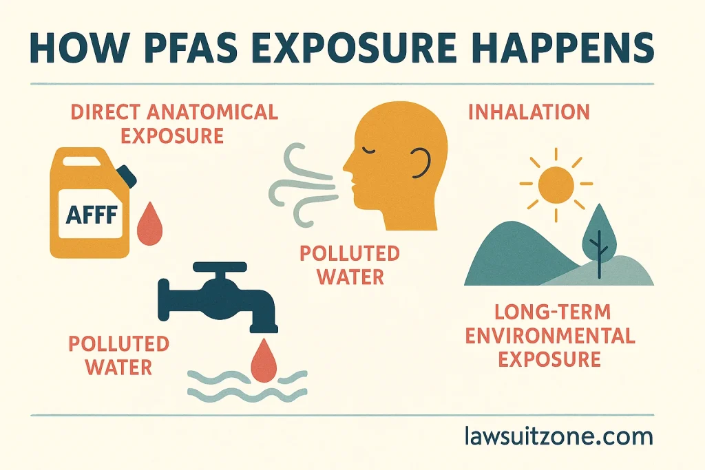 Infographic explaining health risks linked to AFFF exposure including cancer, thyroid disease, and PFAS-related illnesses.