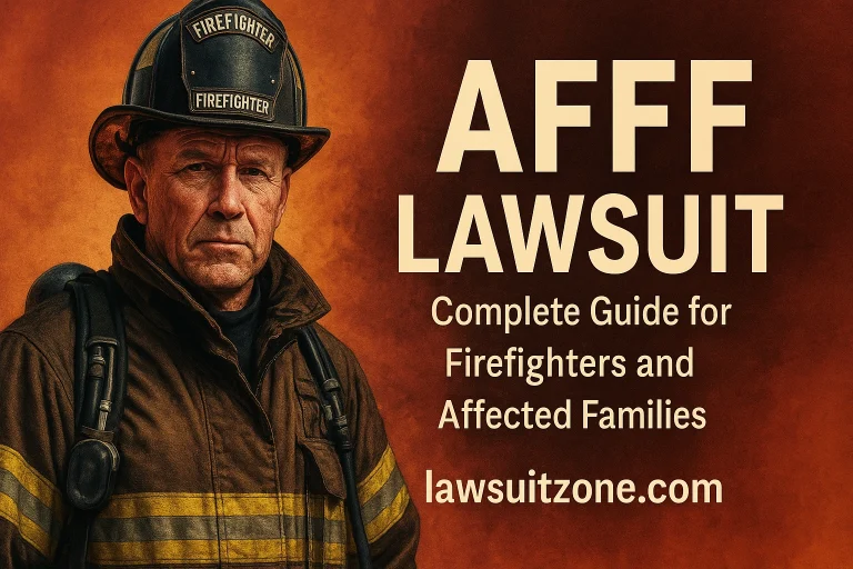 Firefighter in full gear standing against a smoky orange background with bold text reading ‘AFFF Lawsuit – Complete Guide for Firefighters and Affected Families’ and the website lawsuitzone.com.