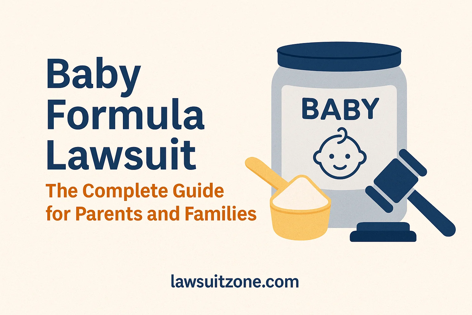 Digital banner showing baby formula container, gavel, and scales of justice — symbolizing the Baby Formula Lawsuit and parental rights.