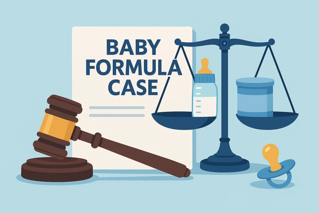 Flat design illustration showing a gavel, baby bottle, and balanced scales labeled “Baby Formula Case,” symbolizing justice and corporate accountability.