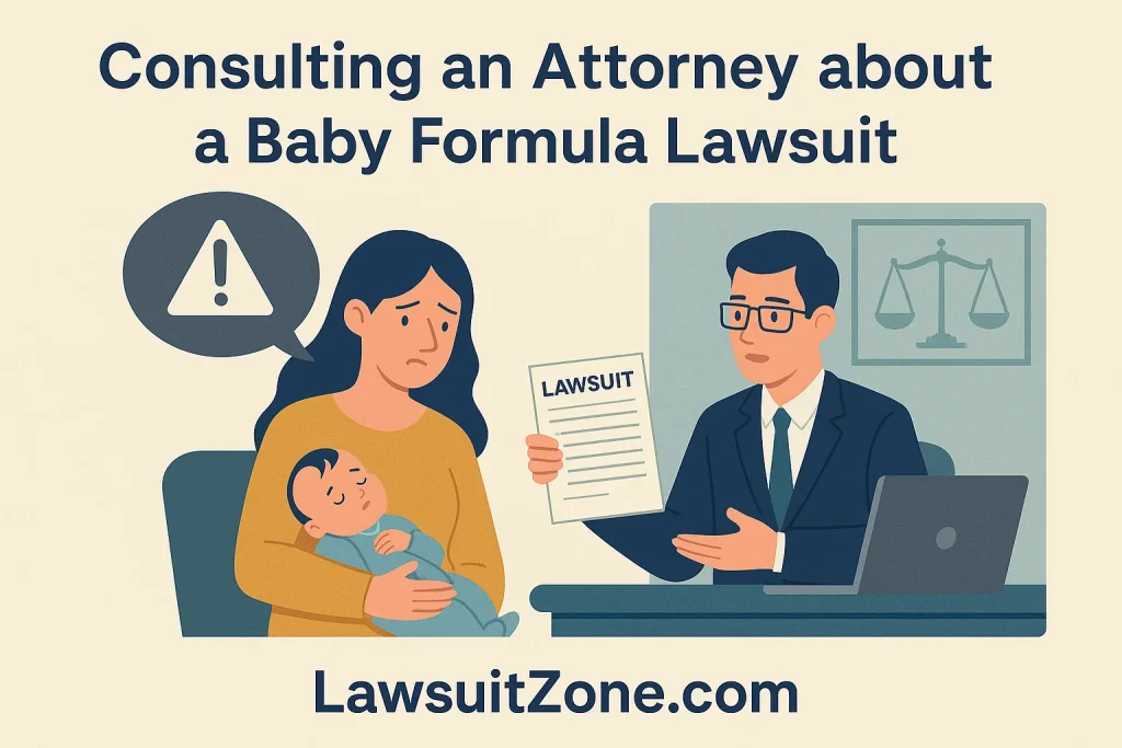 Illustration of a mother holding her baby while consulting an attorney about a baby formula lawsuit, representing legal guidance and emotional support.