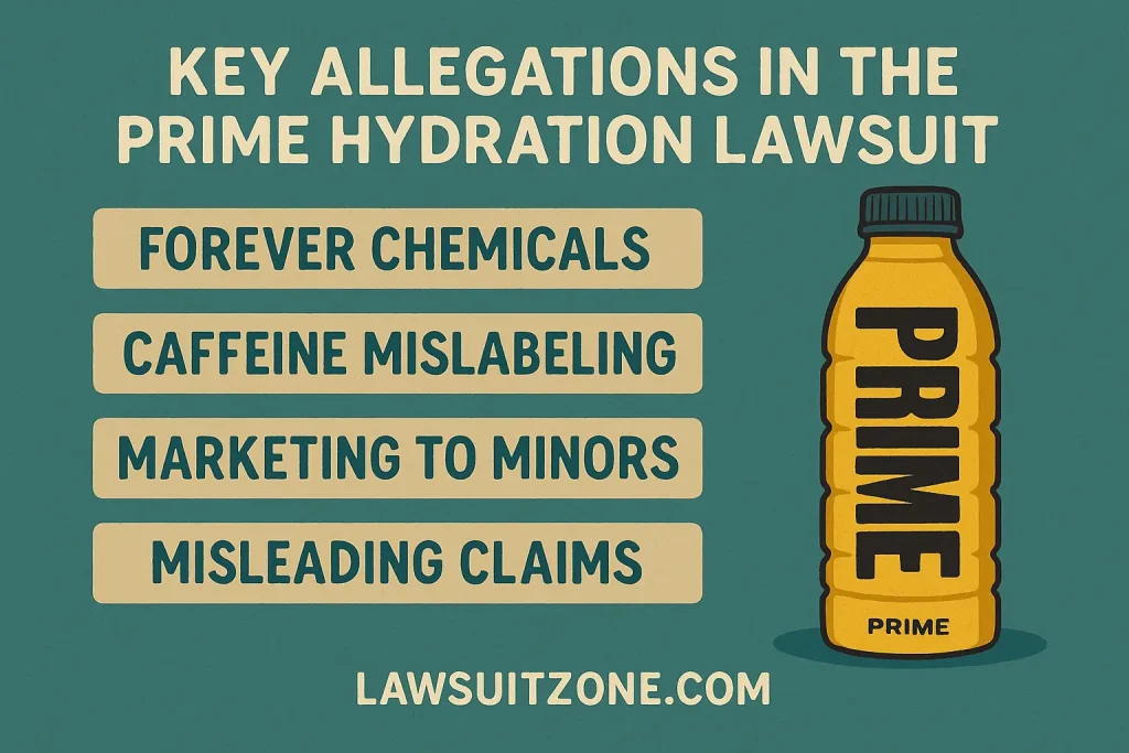 Flat-style digital infographic showing beverage brand icons, a balance scale, and legal documents symbolizing corporate accountability, consumer protection, and the industry-wide impact of the Prime Hydration lawsuit, with lawsuitzone.com at the bottom.