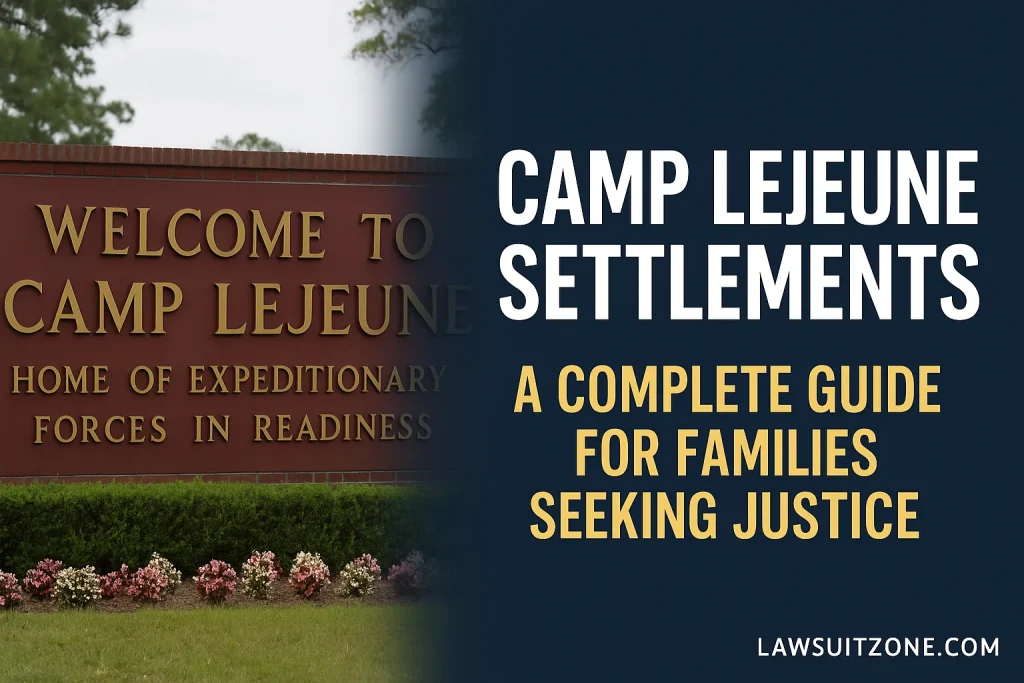 Feature image showing Camp Lejeune welcome sign with bold headline text, representing Camp Lejeune settlements and justice for affected families.