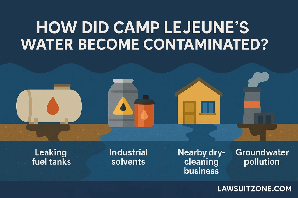 Infographic showing how Camp Lejeune’s water became contaminated, including leaking fuel tanks, industrial solvents, dry-cleaning chemicals, and groundwater pollution.