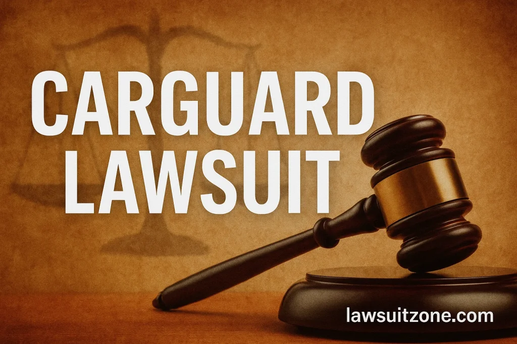 A courtroom-style image featuring a judge’s gavel and the words “CarGuard Lawsuit” with the website lawsuitzone.com displayed below.