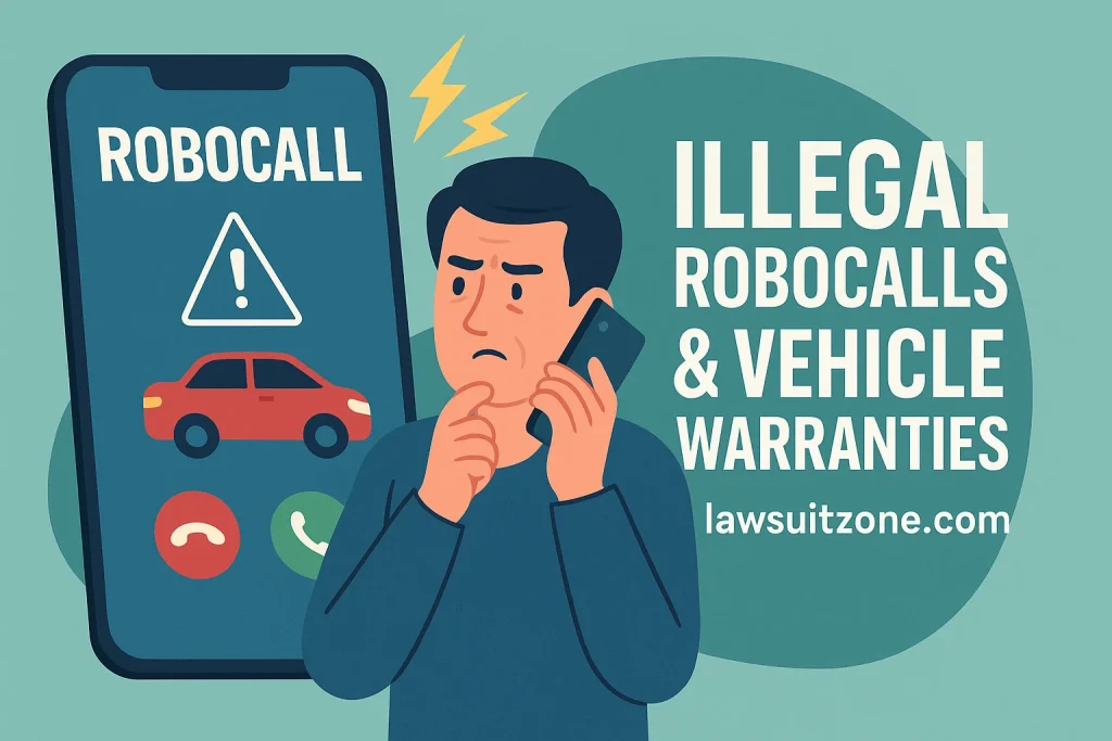 A flat-style digital illustration showing a group of lawyers reviewing documents and discussing settlement terms related to the CarGuard lawsuit, with the URL lawsuitzone.com.