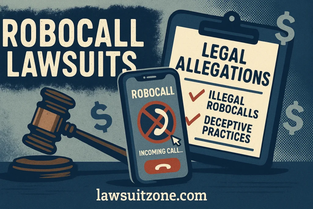 A digital illustration showing a smartphone displaying “Robocall” alerts with a judge’s gavel and legal allegations board, symbolizing telemarketing issues related to the CarGuard lawsuit, with the URL lawsuitzone.com.