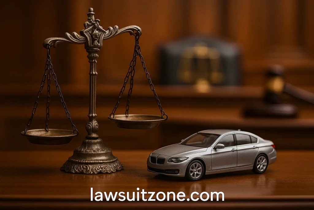 A bronze scales of justice beside a silver car model on a wooden judge’s bench, symbolizing court outcomes and settlements related to the CarShield lawsuit.