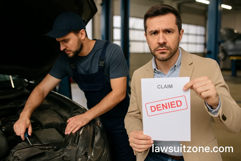 A frustrated car owner holding a 'Claim Denied' paper beside a mechanic repairing his car, symbolizing disputes and denied repairs related to the CarShield lawsuit.