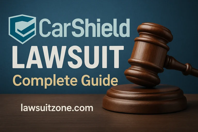 A digital illustration showing a wooden gavel, legal documents, and a car under a magnifying glass, symbolizing the CarShield lawsuit and car warranty disputes.