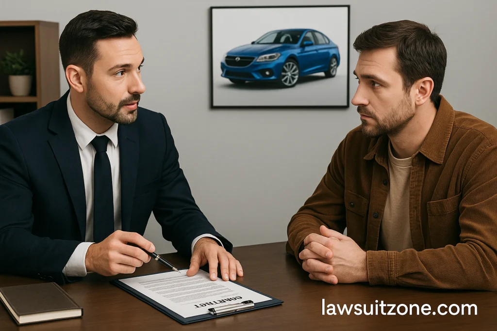 A lawyer and a car owner discuss a Vehicle Service Contract in an office, representing legal consultation about the CarShield lawsuit.