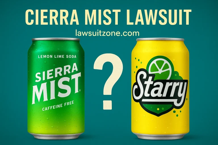 A digital graphic showing two soda cans side by side — one labeled “Sierra Mist” and the other “Cierra Mistt” — with the text “The Viral Pepsi Trademark Story” and watermark “lawsuitzone.com.”