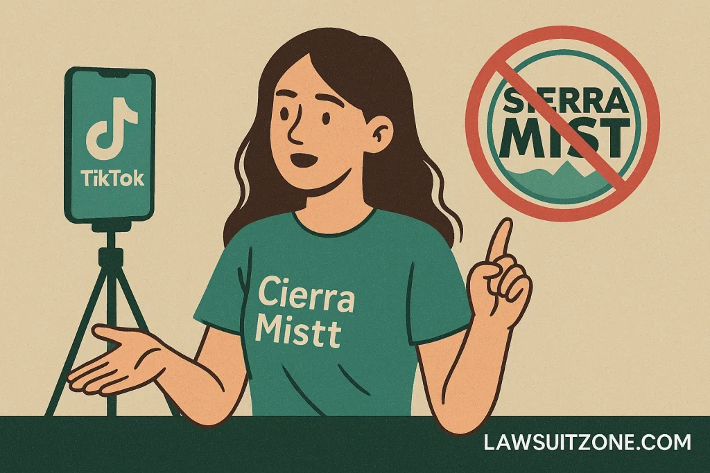 A flat-styled digital illustration showing TikTok influencer Cierra Mistt recording a video beside a crossed-out Sierra Mist logo, symbolizing the viral Pepsi trademark story.