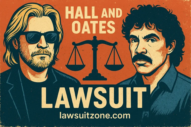Digital illustration showing two microphones facing opposite directions on a dimly lit stage with golden light, symbolizing the Hall and Oates partnership dispute, with lawsuitzone.com text at the bottom.