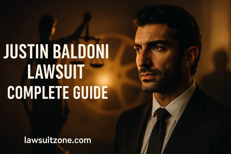 Cinematic digital artwork showing a courtroom silhouette blending with a film reel under warm lighting, symbolizing the intersection of law and entertainment, with lawsuitzone.com at the bottom.