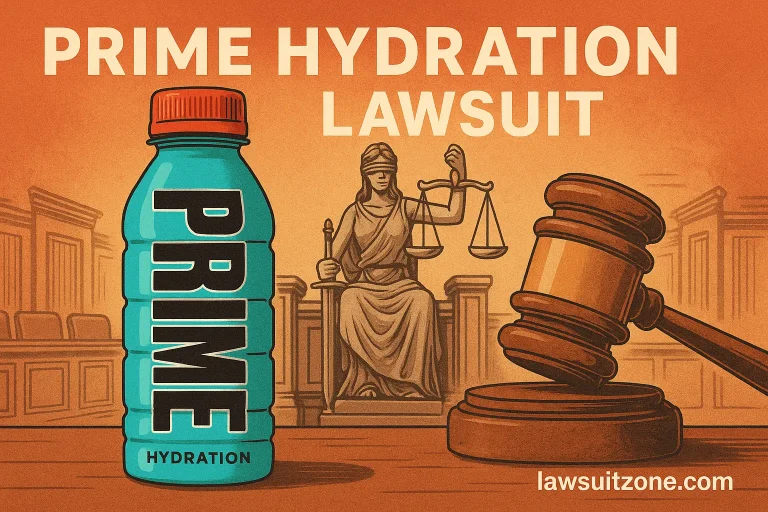 Digital illustration showing a Prime Hydration bottle placed on a courtroom desk with a gavel and legal papers in the background, symbolizing the Prime Hydration lawsuit, with lawsuitzone.com text at the bottom.