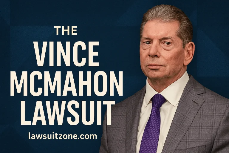 A cinematic digital artwork showing a gavel beside a wrestling ring under dramatic spotlight, symbolizing the intersection of law and entertainment, with lawsuitzone.com subtly at the bottom.