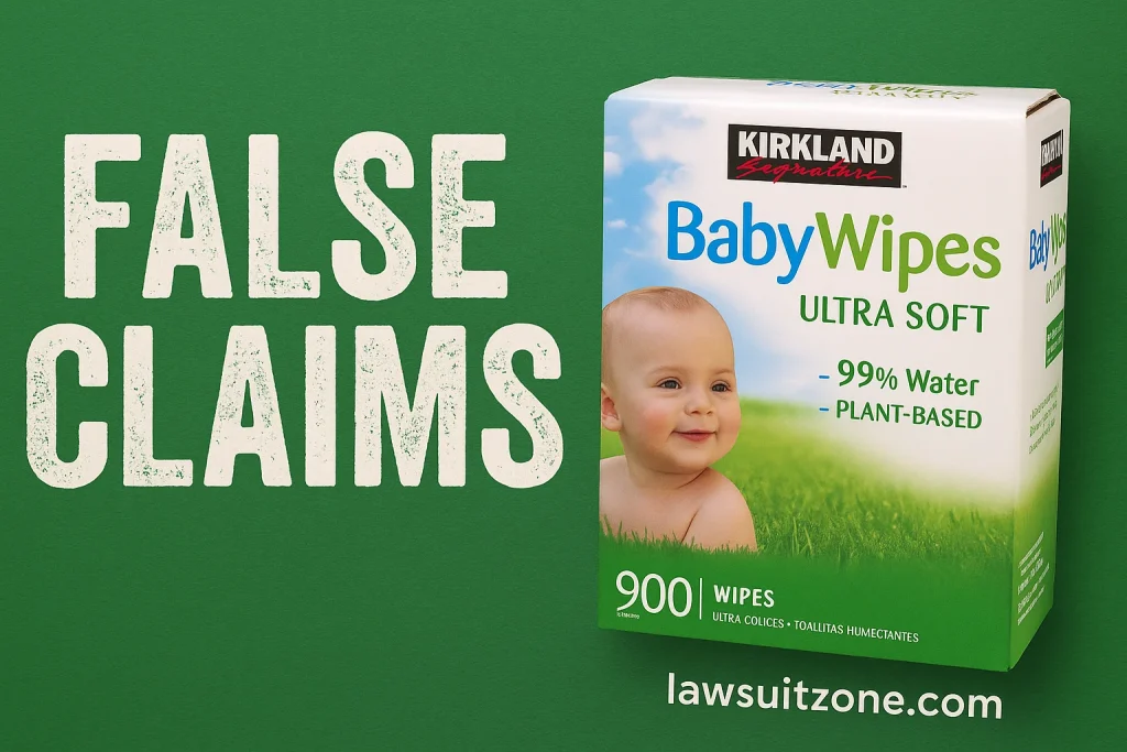 Image showing Kirkland Signature baby wipes box with “False Claims” text symbolizing allegations of misleading advertising in the Costco wipes lawsuit.