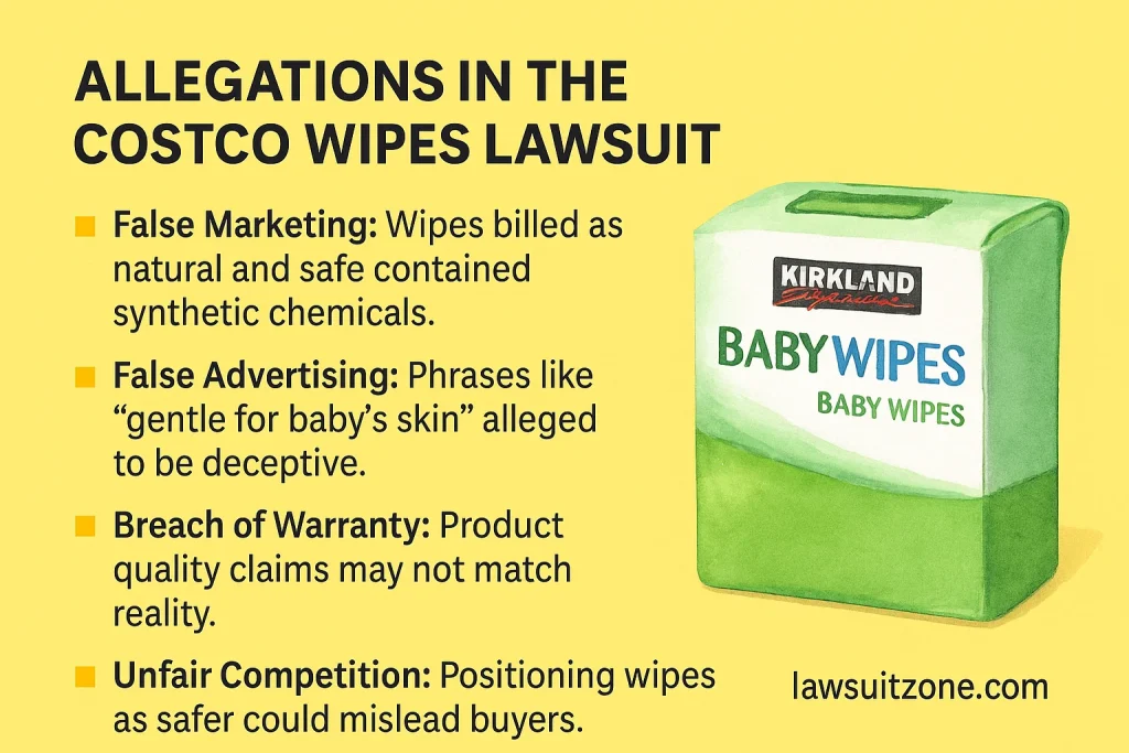 Infographic showing the main allegations in the Costco wipes lawsuit, including false advertising and breach of warranty.
