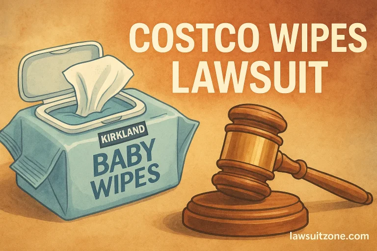 Costco wipes package with a judge’s gavel symbolizing the Costco wipes lawsuit over safety and marketing claims.