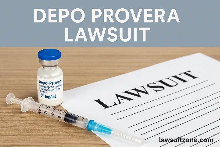 A centered Depo Provera lawsuit feature image showing a Depo Provera vial, syringe, and lawsuit document on a desk with “Depo Provera Lawsuit” text and lawsuitzone.com.