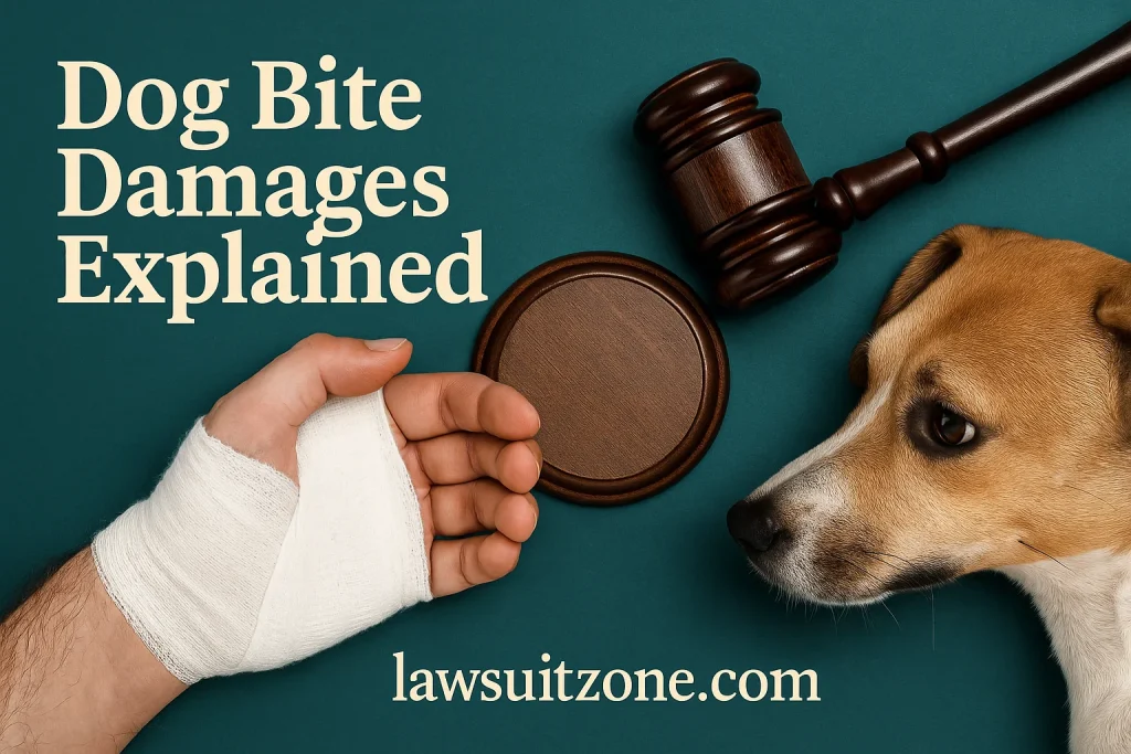Image showing a doctor’s bandaged hand, a wooden gavel, and a dog symbolizing legal and medical aspects of a dog bite lawsuit.