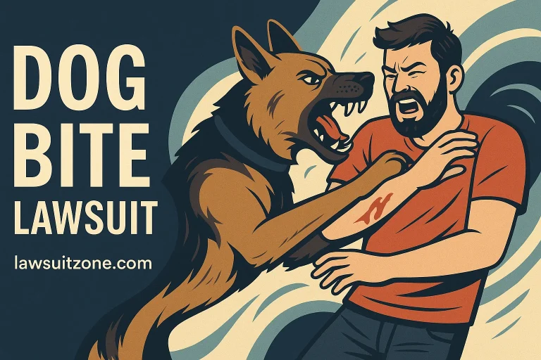 Illustration of a man being bitten by a dog with bold “Dog Bite Lawsuit” text and URL lawsuitzone.com, symbolizing legal conflict and injury.