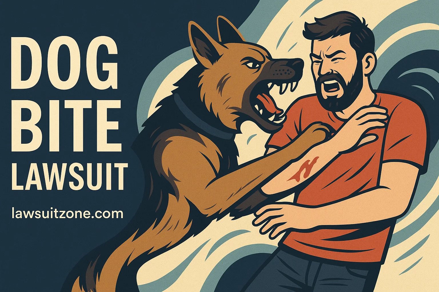 Illustration of a man being bitten by a dog with bold “Dog Bite Lawsuit” text and URL lawsuitzone.com, symbolizing legal conflict and injury.