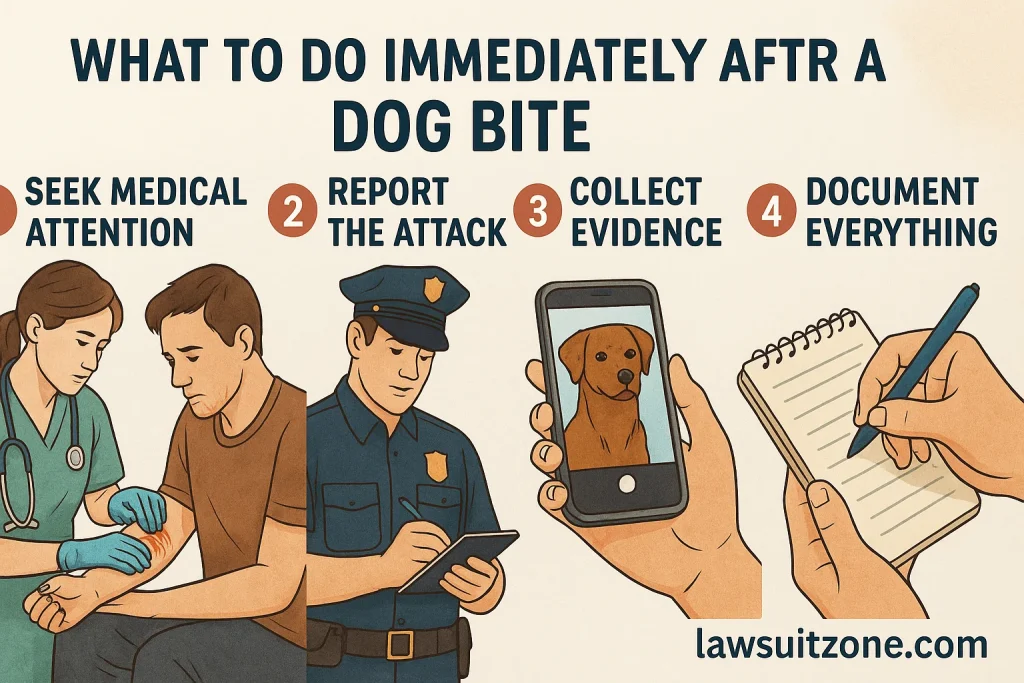 Infographic showing four steps to take after a dog bite—seek medical attention, report the attack, collect evidence, and document everything—with URL lawsuitzone.com.