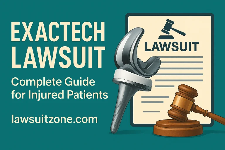 Illustration showing an orthopedic implant, legal document, and gavel representing the Exactech lawsuit for injured patients.